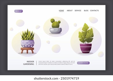Modern website template for indoor gardening. Web page with succulents and cactus in decorative pots. Home garden concept. Isolated design elements. Perfect for website, promo. Vector illustration.