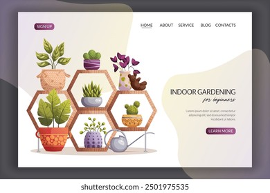 Moderna Plantilla de Sitio web para jardinería interior. Estantes hexagonales con plantas en macetas, libros, oso de peluche y regadera. Jardín casero, concepto de planta en maceta. Perfecto para el Sitio web. Ilustración vectorial.