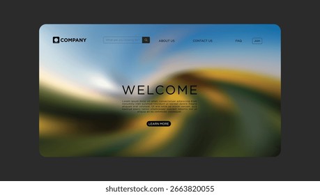 Modern website template with welcoming message and blurred landscape background for creative business