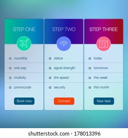 Modern website ui template design. Transparent app user interface wizard buttons on minimalistic backdrop. Vector editable webdesign elements on blurred background with icons.