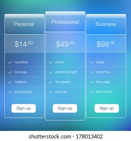 Modern website ui template design. Transparent app user interface price list widget buttons on minimalistic backdrop. Vector editable webdesign elements on blurred background with icons. 