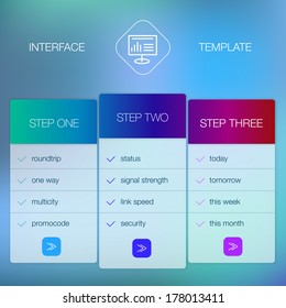 Modern website ui template design. Transparent app user interface wizard buttons on minimalistic backdrop. Vector editable webdesign elements on blurred background with icons.