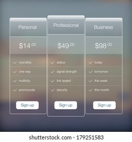 Modern website ui template design. Transparent app user interface price list widget buttons on minimalistic blurred backdrop. Vector editable webdesign elements on blurred background with icons. 