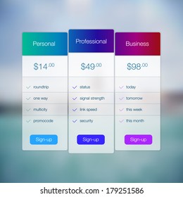 Modern website ui template design. Transparent app user interface price list widget buttons on minimalistic blurred backdrop. Vector editable webdesign elements on blurred background with icons. 