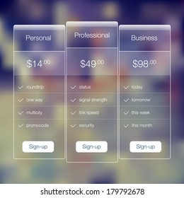 Modern website ui template design. Transparent app user interface price list widget buttons on minimalistic backdrop. Vector editable webdesign elements on blurred colorful background with icons. 