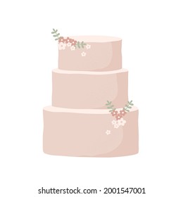 Modern Wedding Cake. Cake in pastel colors. Flowers and leaves, botanical decoration.Flat cartoon vector illustration. Isolated on white background. 