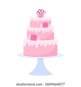 Modern Wedding Cake. Cake in pink pastel colors. Flowers and leaves, botanical decoration. Sweet cake with flowers. Romantic and love.