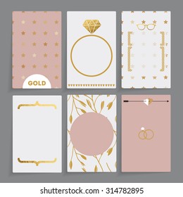 Modern wedding card. Design in six different combinations. It contains golden elements: star, diamond sunglasses, quotes, heart, rings.