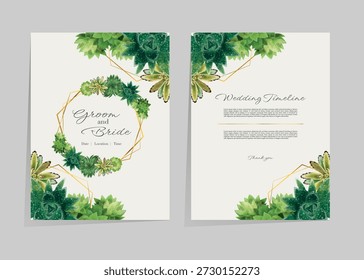 Tarjeta de boda moderna con suculentas botánicas y marcos geométricos dorados sobre fondo crema