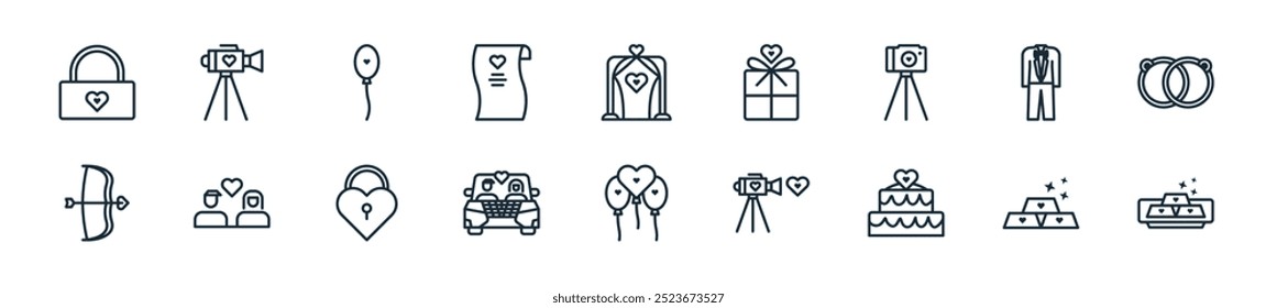 modern wedding icon pack. perfect for linear ui designs featuring vector gold bars, gold bars, wedding cake, wedding video, balloon, car, lock and more icons for mobile and web apps.