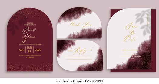 Modern wedding invitation, burgundy and golden wedding invitation template, arch shape with leaf shadow and handmade calligraphy.