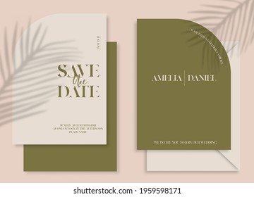Modern wedding invitation, burnt green wedding invitation template, arch shape with leaf shadow and handmade calligraphy