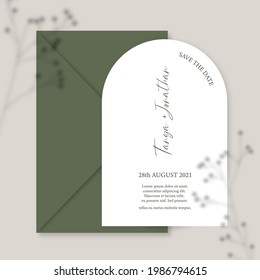 Modern wedding invitation, burnt green wedding invitation template, arch shape with Gypsophila shadow and handmade calligraphy