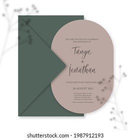 Modern wedding invitation, burnt green wedding invitation template, arch shape with Gypsophila shadow and handmade calligraphy