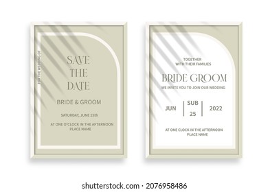Modern wedding invitation, burnt green wedding invitation template, arch shape with palm leaf shadow and handmade calligraphy.