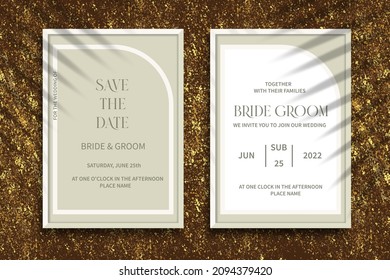 Modern wedding invitation, burnt green wedding invitation template, arch shape with palm leaf shadow and handmade calligraphy.