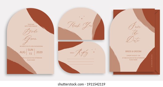 Modern wedding invitation, burnt orange wedding invitation template, arch shape with brush stroke and handmade calligraphy.