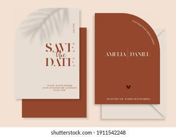 Modern wedding invitation, burnt orange wedding invitation template, arch shape with leaf shadow and handmade calligraphy.