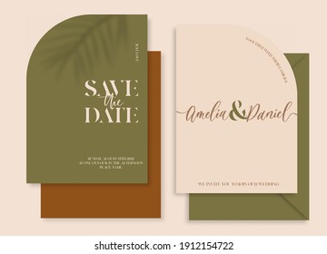 Modern wedding invitation, burnt orange and green wedding invitation template, arch shape with leaf shadow and handmade calligraphy.