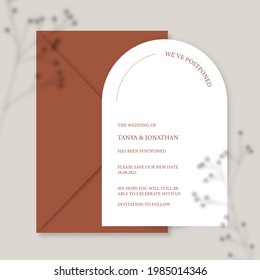 Modern wedding invitation, burnt orange wedding invitation template, arch shape with Gypsophila shadow and handmade calligraphy