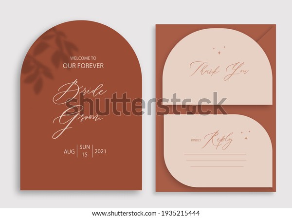Modern\
wedding invitation, burnt orange wedding invitation template, arch\
shape with leaf shadow and handmade\
calligraphy.