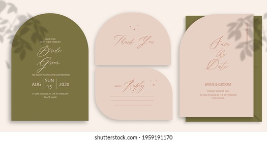 Modern wedding invitation, burnt reen wedding invitation template, arch shape with leaf shadow and handmade calligraphy