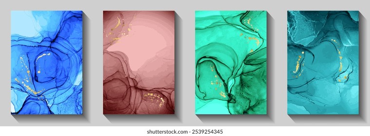 Moderno Paquete de Vector de fondos de tarjeta de invitación de boda. Textura de tinta de alcohol líquido, salpicaduras de papel de aluminio. Exuberantes patrones de tarjetas de felicitación de cumpleaños, conjunto de carteles. Folletos brillantes de Festiva.