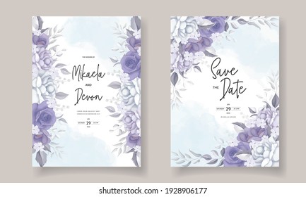 Tarjeta de invitación de boda moderna con hermosas flores moradas