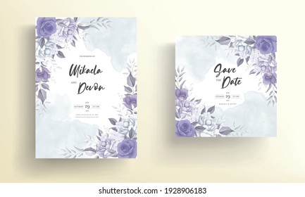 Tarjeta de invitación de boda moderna con hermosas flores moradas