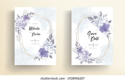 Modern wedding invitation card with beautiful purple flowers