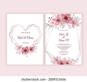 Modern wedding invitation card with beautiful pink flowers
