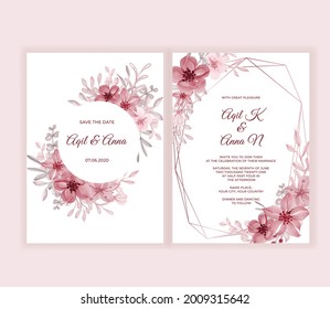 Modern wedding invitation card with beautiful pink flowers
