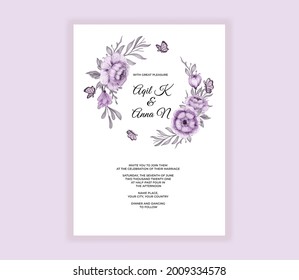 Modern wedding invitation card with beautiful purple flowers