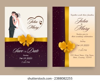 Modern Wedding Invitation Card Closed With Yellow Bow Ribbon And Couple Character.