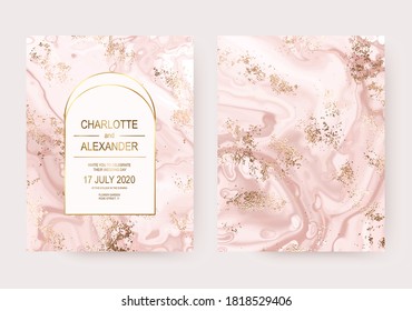 Modern wedding invitation card design with gold dust and marble texture.