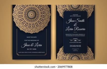 Modern wedding invitation card design for golden mandala