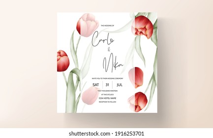 Modern wedding invitation card with red tulip flower