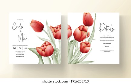 Modern Wedding Invitation Card With Red Tulip Flower