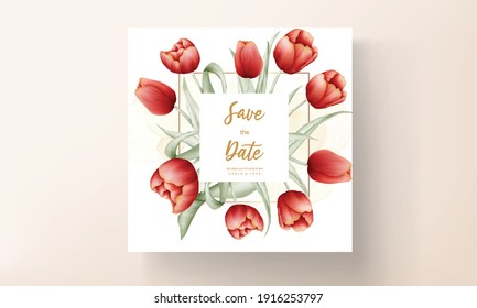 Modern wedding invitation card with red tulip flower