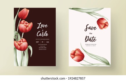 Modern Wedding Invitation Card With Red Tulip Flower