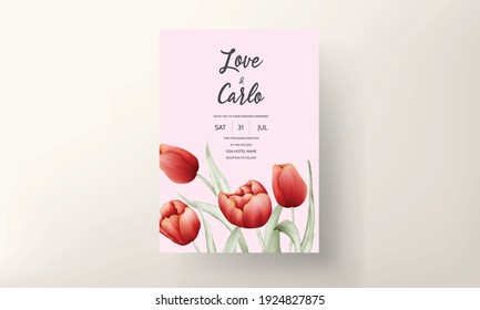 Modern wedding invitation card with red tulip flower