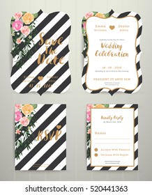 Modern Wedding Invitation Card Set On Black And White Stripe Background On Wood Background