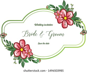 Modern wedding invitation card template of bride and groom, with texture of pink floral frame. Vector