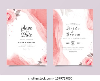 Modern wedding invitation card template set with rose flowers and peach liquid background. Botanic decoration for save the date, greeting card, poster, cover vector