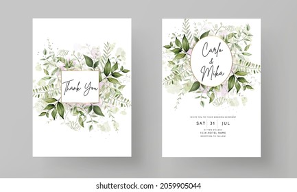 modern wedding invitation card with watercolor leaves