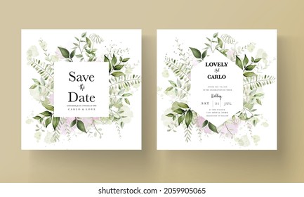 modern wedding invitation card with watercolor leaves