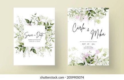 modern wedding invitation card with watercolor leaves