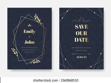 Modern wedding invitation. Elegant invite card, vintage damask floral sprigs ornament pattern and premium label frame. Gold wedding rsvp or anniversary, greeting cards isolated vector set