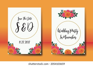 Modern Wedding invitation, floral watercolor Digital hand drawn Orange Rose Flower design Invitation Card Template