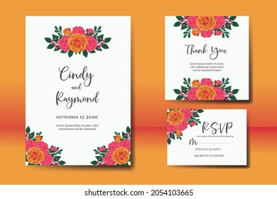 Modern Wedding invitation, floral watercolor Digital hand drawn Orange Rose Flower design Invitation Card Template